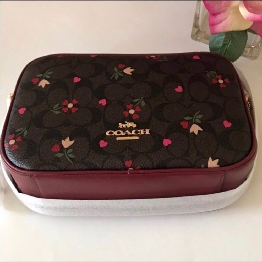 Coach Jes Red Leather Crossbody In Signature Canvas With Heart Petal Print - Picture 8 of 11